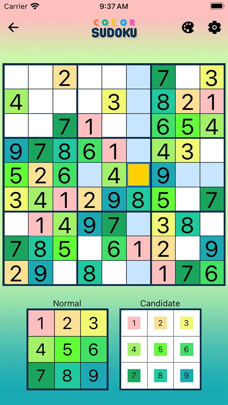 The same sudoku board in the green Rhubarb theme, its cells shaded from pale pink and yellow through bright greens to deep teal