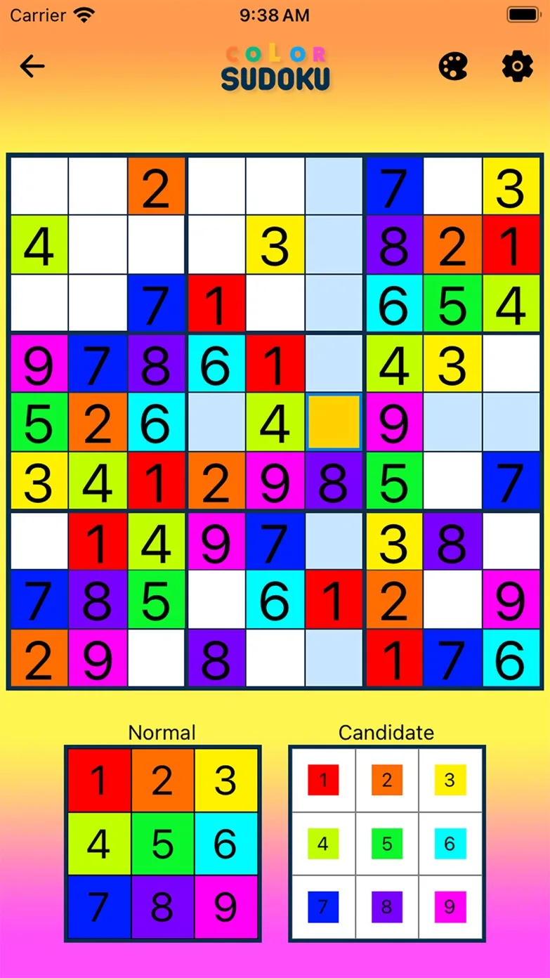 Sudoku board in the vivid Pop theme with saturated red, orange, yellow, green, blue and magenta cells on a sunny orange-to-pink gradient